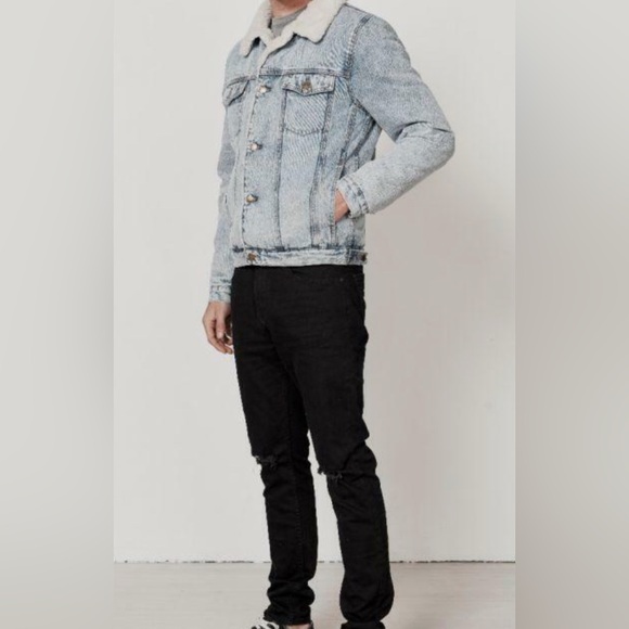 1980’s Style Stone Washed Men’s Denim Jacket with Sherpa Lining, Sz L - Picture 4 of 10